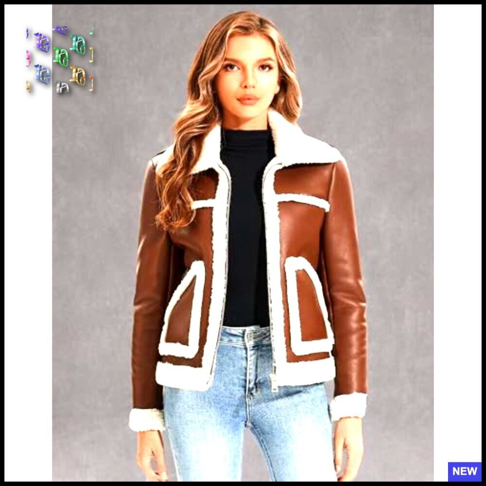 Faux Shearing Moto Jacket Thick Fur Lined Coat Sherpa Leather Chic - Picture 6 of 7